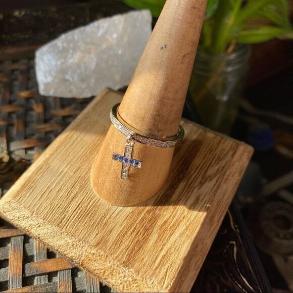 Sapphire Cross Dangle Sterling Silver CZ Ring Sizes 9,10 - Picture 5 of 6